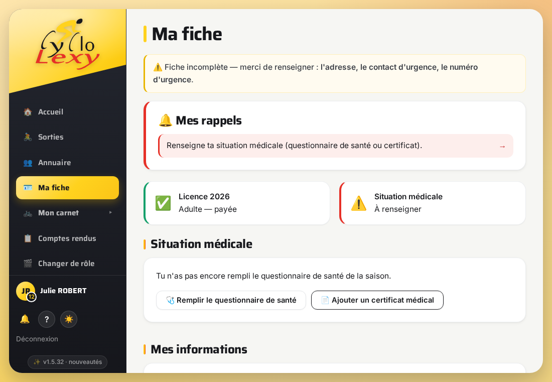 Ma fiche membre
